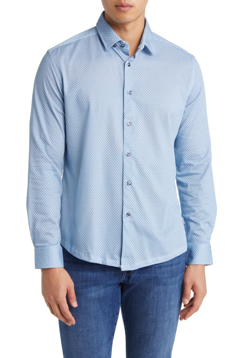Hourglass Geo Dry Touch® Performance Jersey Button-Up Shirt, Main, color, BLUE