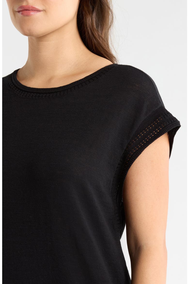 Pointelle Stitch Trim Cotton Top, Alternate, color, BLACK
