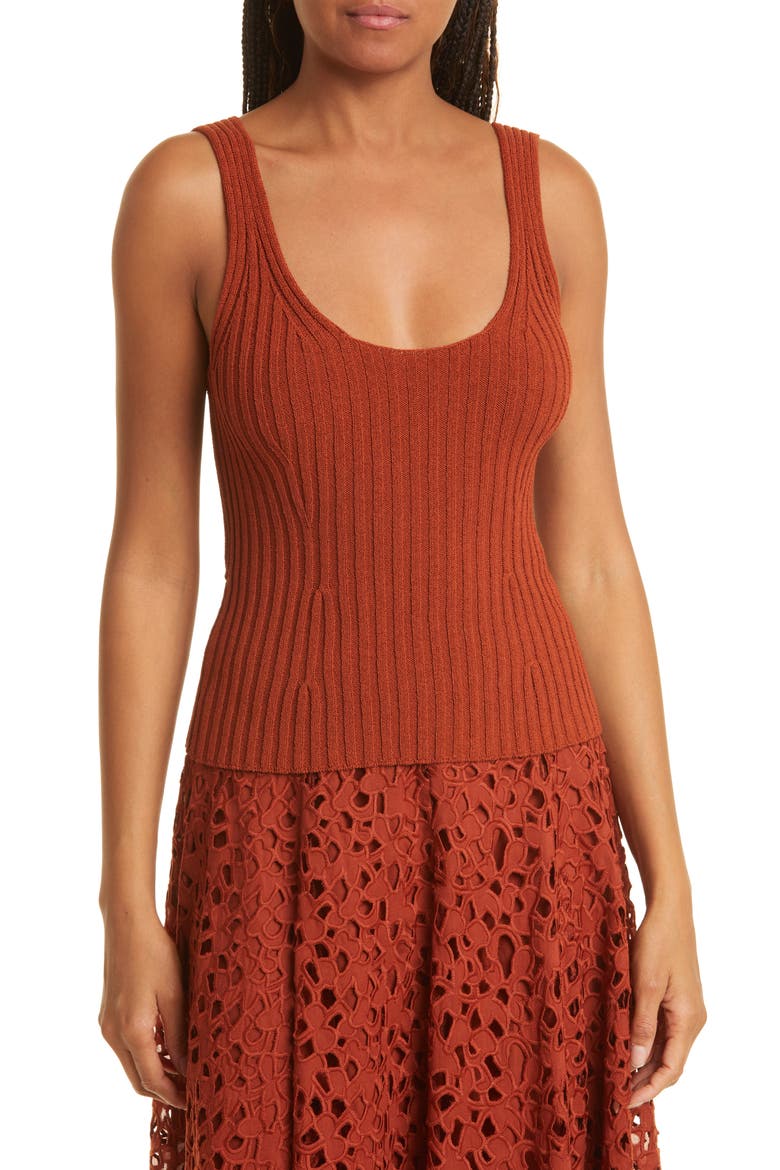 Rib Tie Back Cotton Blend Tank Top, Main, color, RUST AMBER