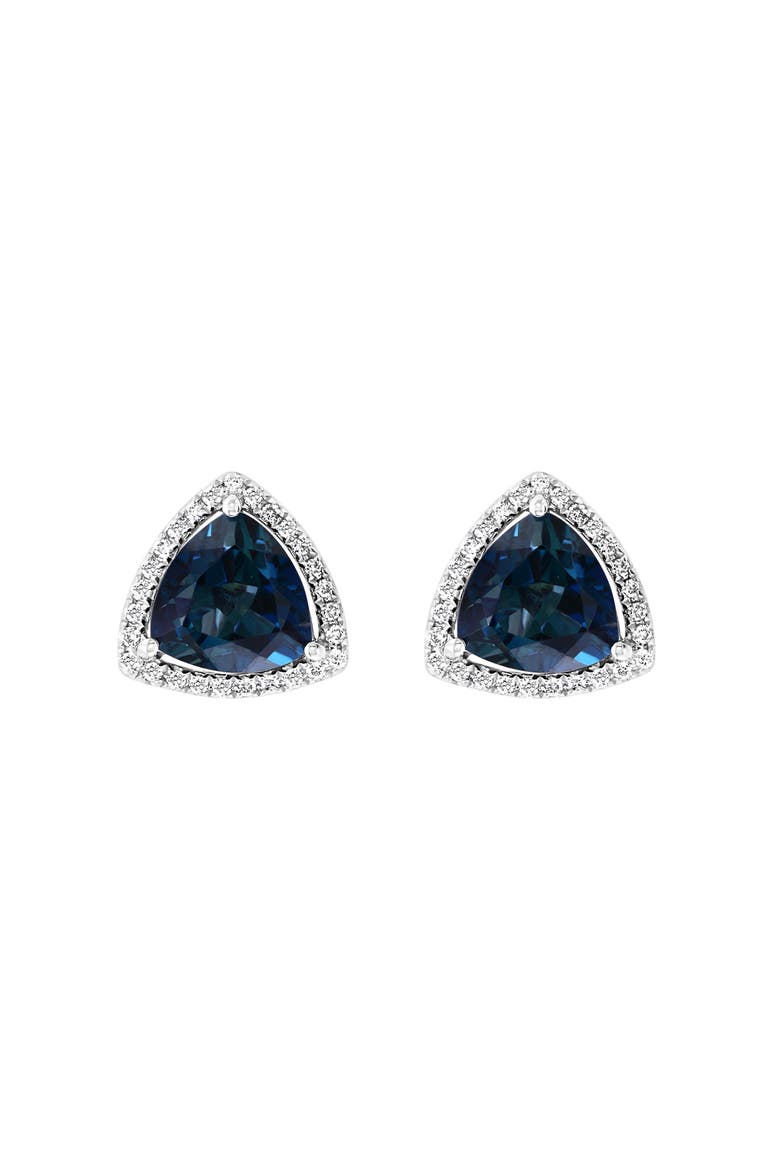 14K White Gold Trillion Cut London Blue Topaz & Halo Diamond Earrings, Main, color, 14K Gold