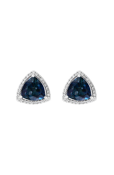14K White Gold Trillion Cut London Blue Topaz & Halo Diamond Earrings