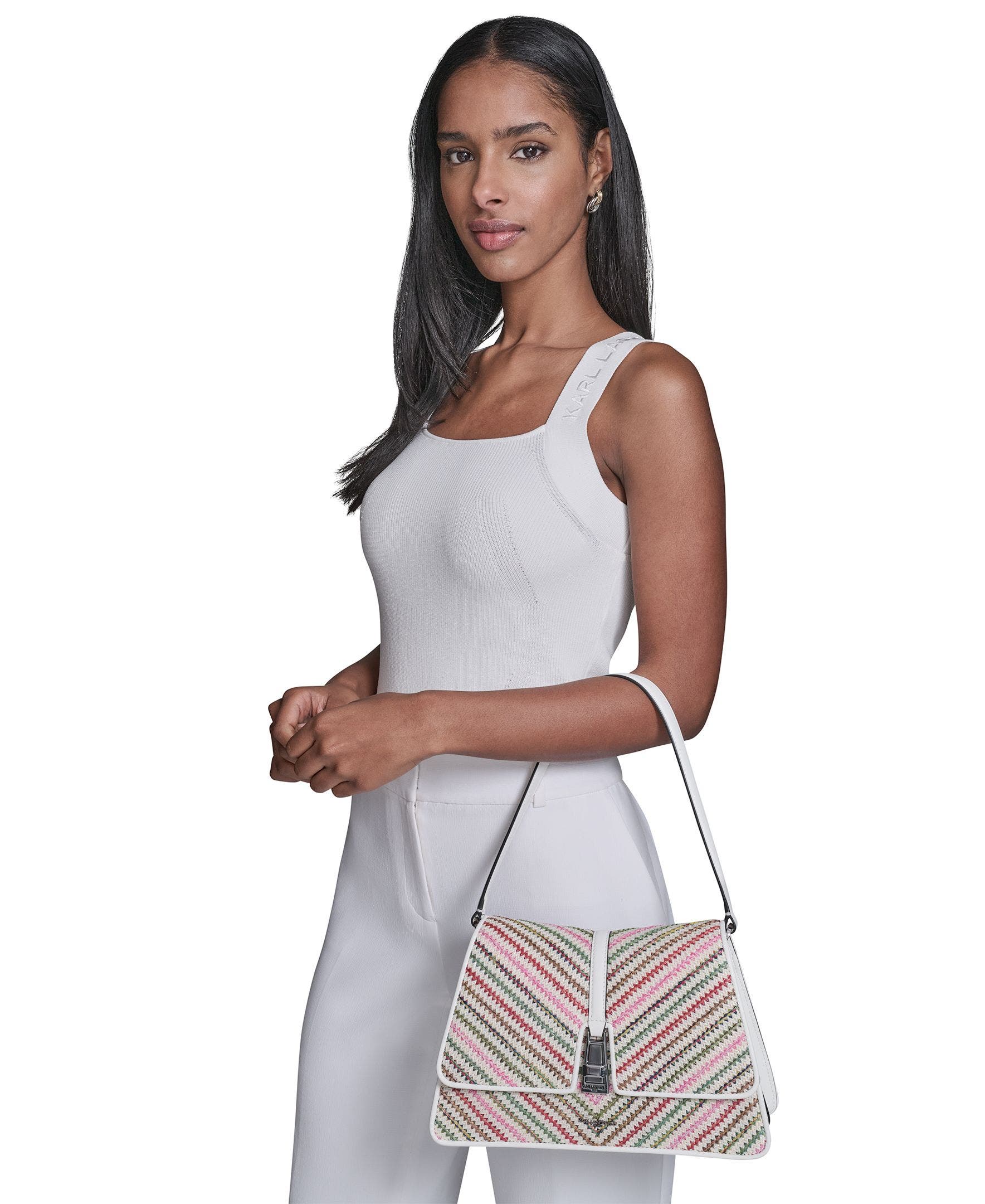 KARL LAGERFELD PARIS Mercerie Chevron Raffia Shoulder, Alternate, color, Multi Combo