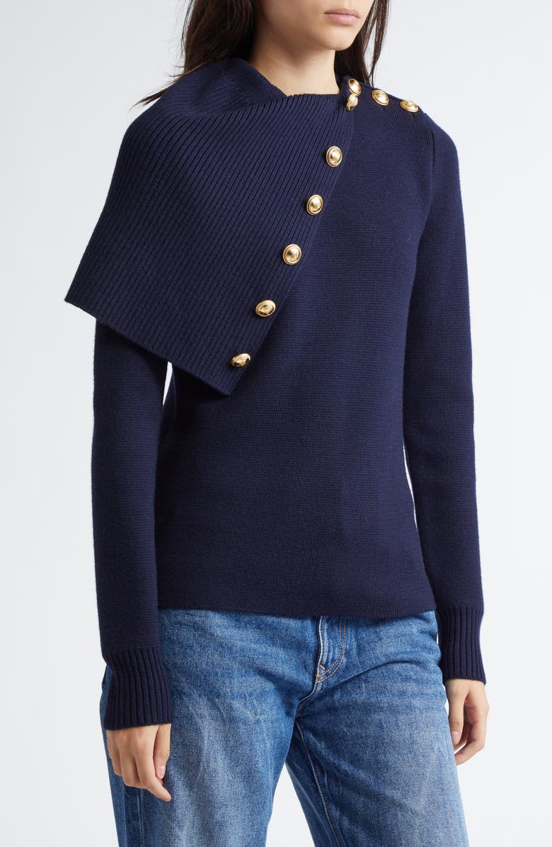 Rabanne Drape Shoulder Merino Wool Sweater, Alternate, color, Navy