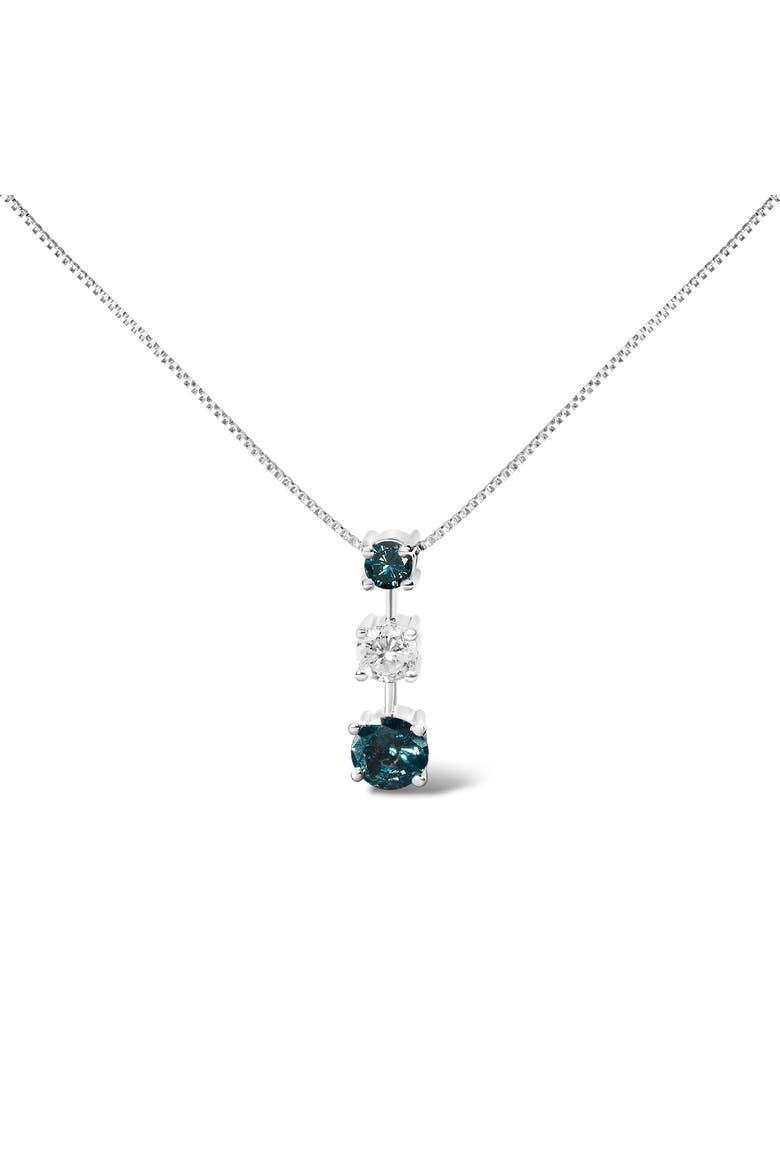 14K White Gold 1 1/2 Cttw Treated Blue and White Diamond 3-Stone Pendant Necklace, Main, color, White