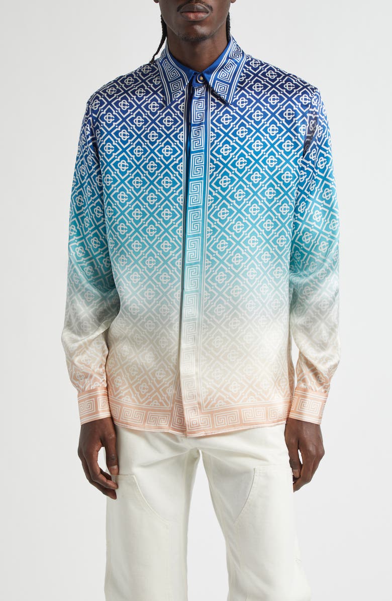Casablanca Gradient Monogram Silk Button-Up Shirt, Main, color, Blue Gradient