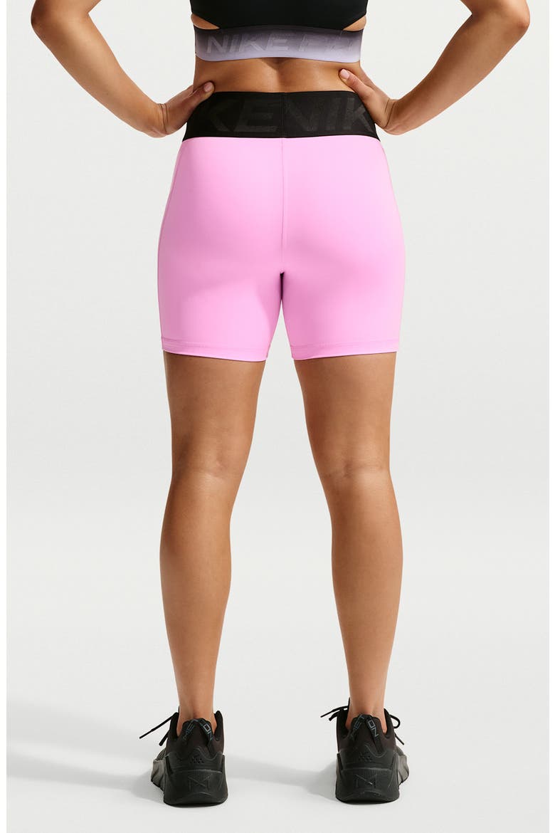 Pro Performance Mid Thigh Shorts, Alternate, color, PINK RISE/ BLACK/ BLACK