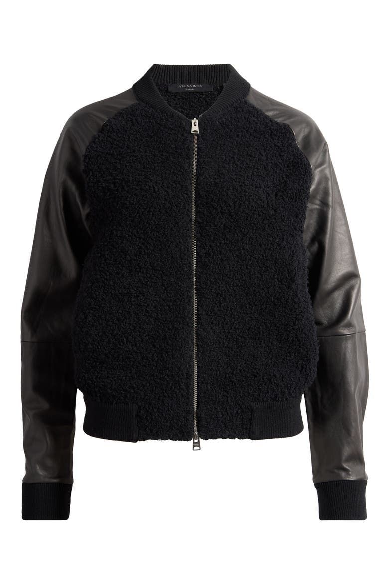 Renata Leather Sleeve Wool Blend Bomber Cardigan, Alternate, color, BLACK