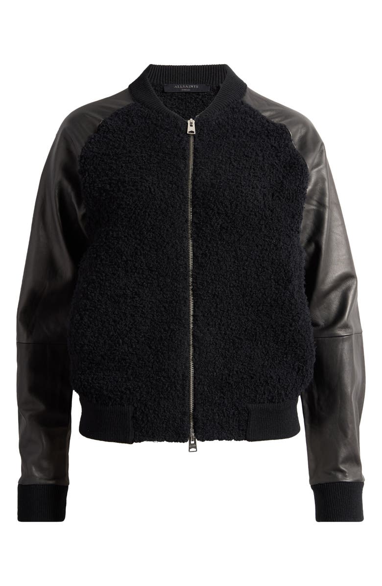 AllSaints Renata Leather Sleeve Wool Blend Bomber Cardigan, Alternate, color, Black