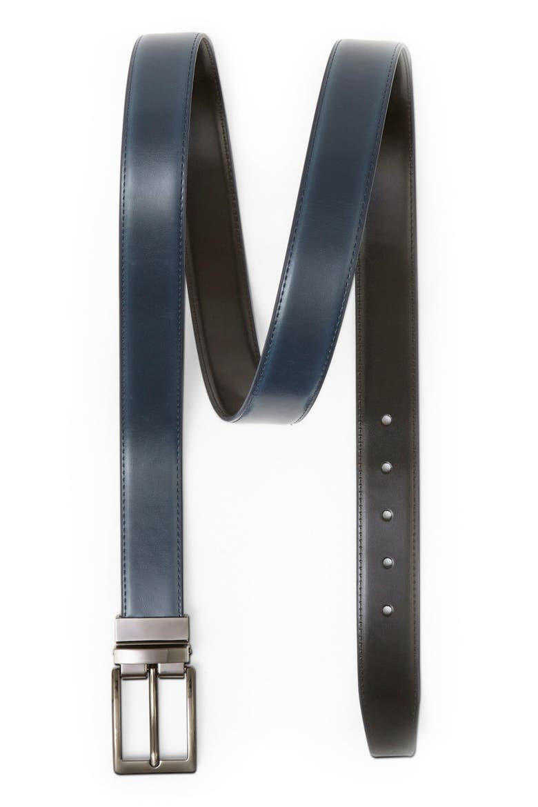 Reversible Leather Belt with Rotating Buckle, Main, color, Navy/Black