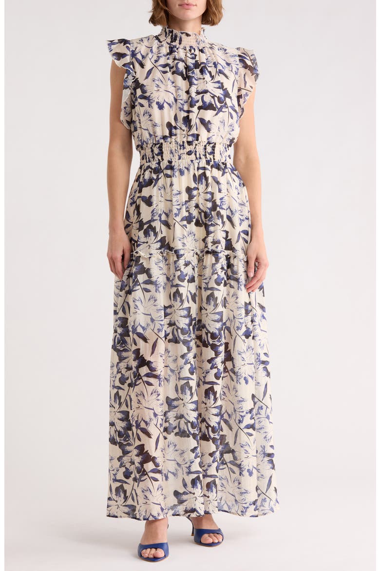 Floral Flutter Sleeve Maxi Dress, Main, color, BONE NAVY PRINT