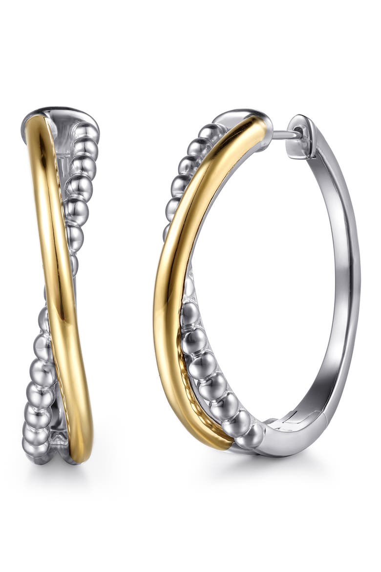 Bujukan 14K Gold & Sterling Silver Crisscross Intricate Hoop Earrings, Main, color, SILVER/ 14K YELLOW GOLD