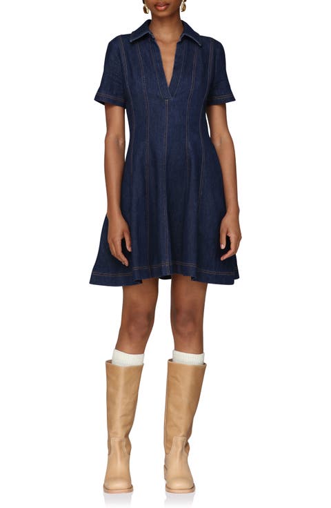 Seamed Collared Denim Minidress