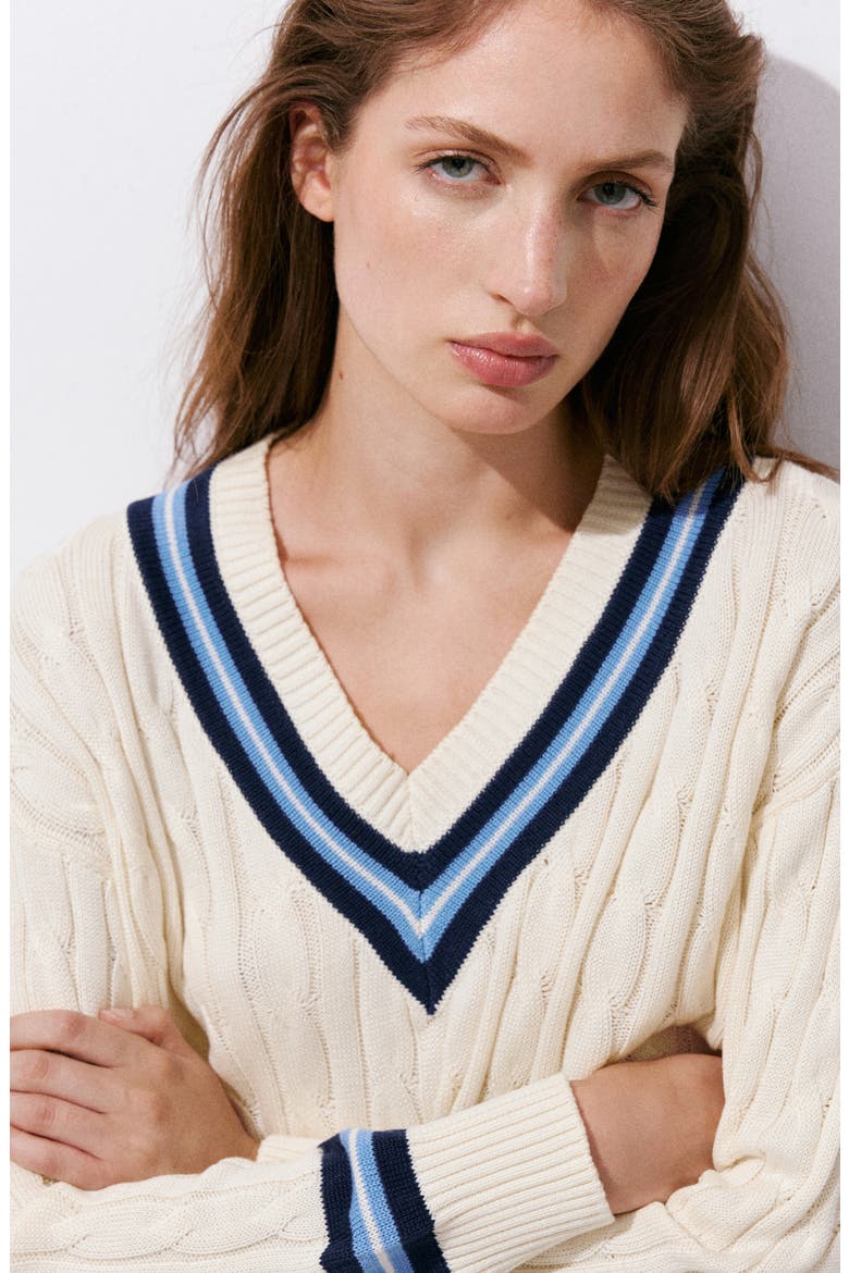 Cable Stitch V-Neck Sweater, Alternate, color, ECRU