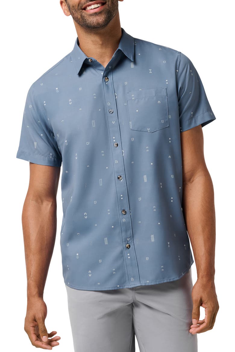 Techwoven Waves Geo Print Short Sleeve Performance Button-Up Shirt, Main, color, BLUE HORIZON