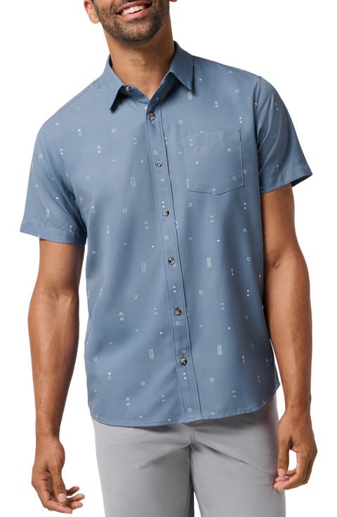 Techwoven Waves Geo Print Short Sleeve Performance Button-Up Shirt