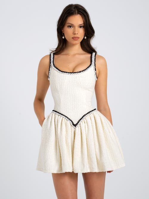 Miss Circle Coco Boucle Tweed V Waist Mini Dress In White