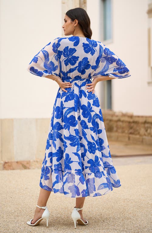Yumi Kimono Sleeves Midi Dip Hem Wrap Dress In Blue