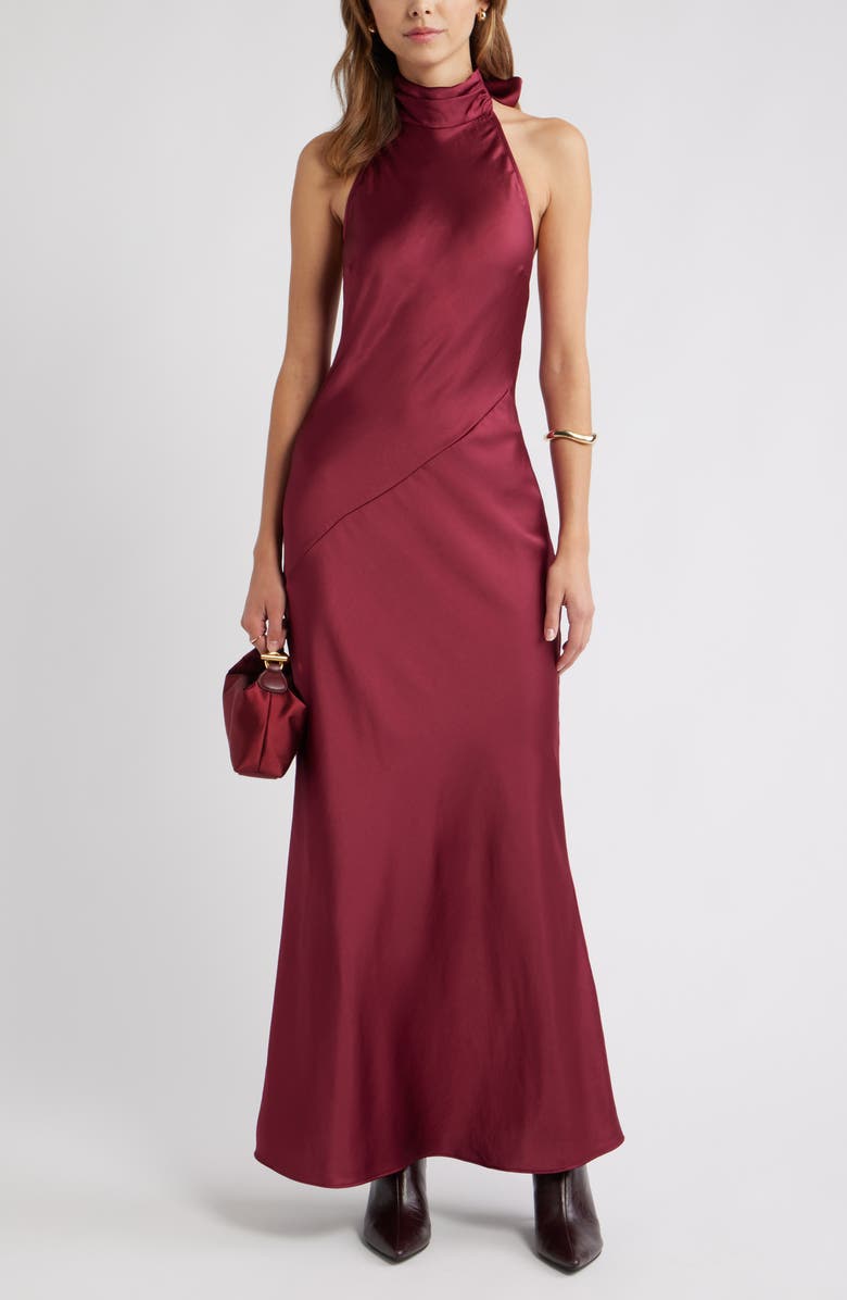 Open Edit Sleeveless Satin Halter Dress, Main, color, Burgundy Beet