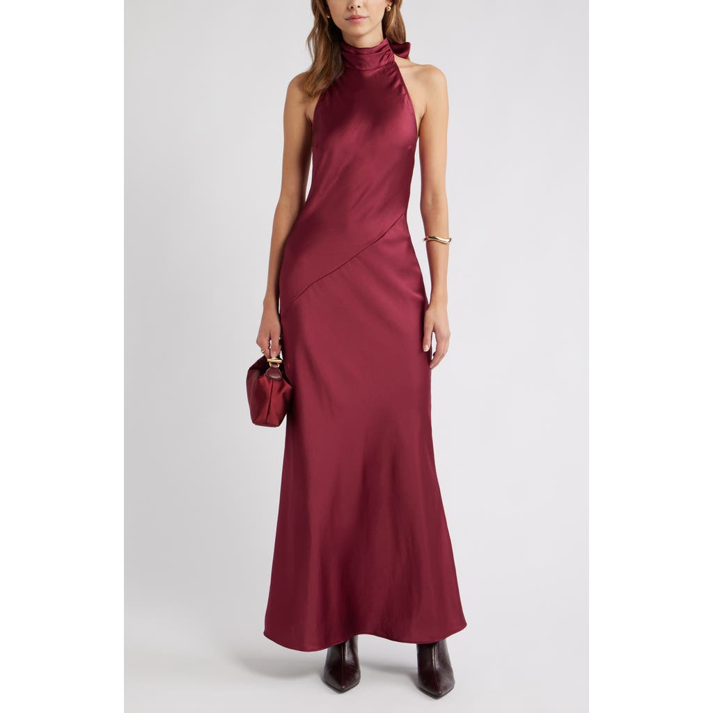 Open Edit Sleeveless Satin Halter Dress In Burgundy