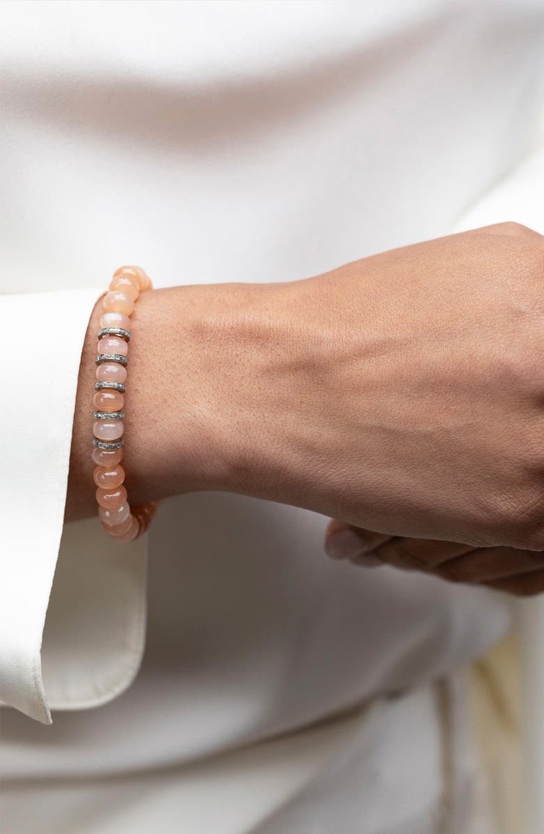 Sheryl Lowe Peach Moonstone 8MM Bead Bracelet With 5 Diamond Rondelles, Alternate, color, Peach / Sterling Silver