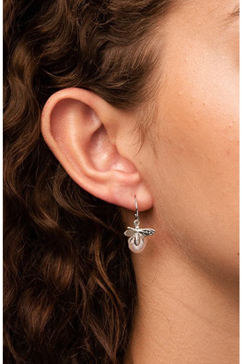 Sterling Silver 18k Gold Plated Bee Pearl Necklace & Earring Set Dainty, Alternate, color, Silver
