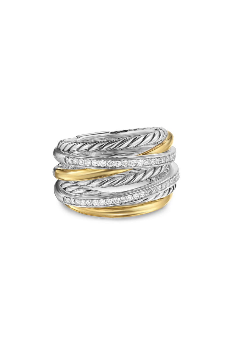 Crossover Seven-Row Ring in Sterling Silver with 18K Yellow Gold & Diamonds, 16mm, Alternate, color, STERLING SILVER AND 18K GOLD