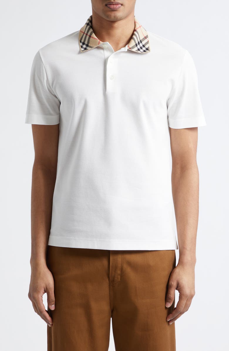 Burberry Evan Check Collar Cotton Piqué Polo, Main, color, White