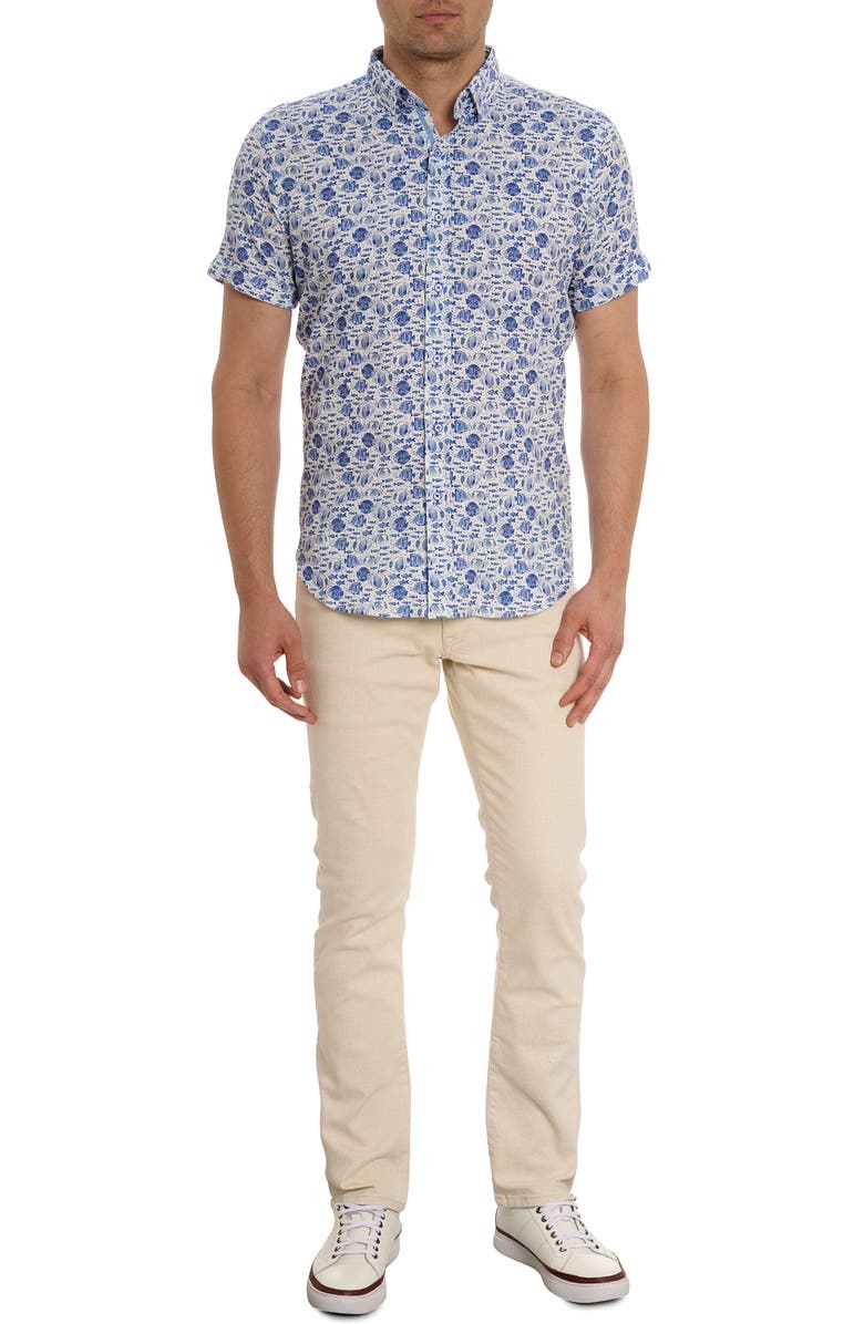 Robert Graham Fenwick Fish Print Short Sleeve Button-Up Shirt, Alternate, color, 
