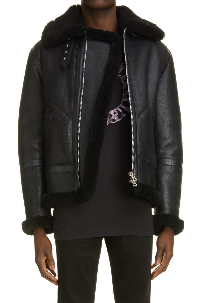 Leather & Shearling Aviator Jacket, Main, color, BLACK