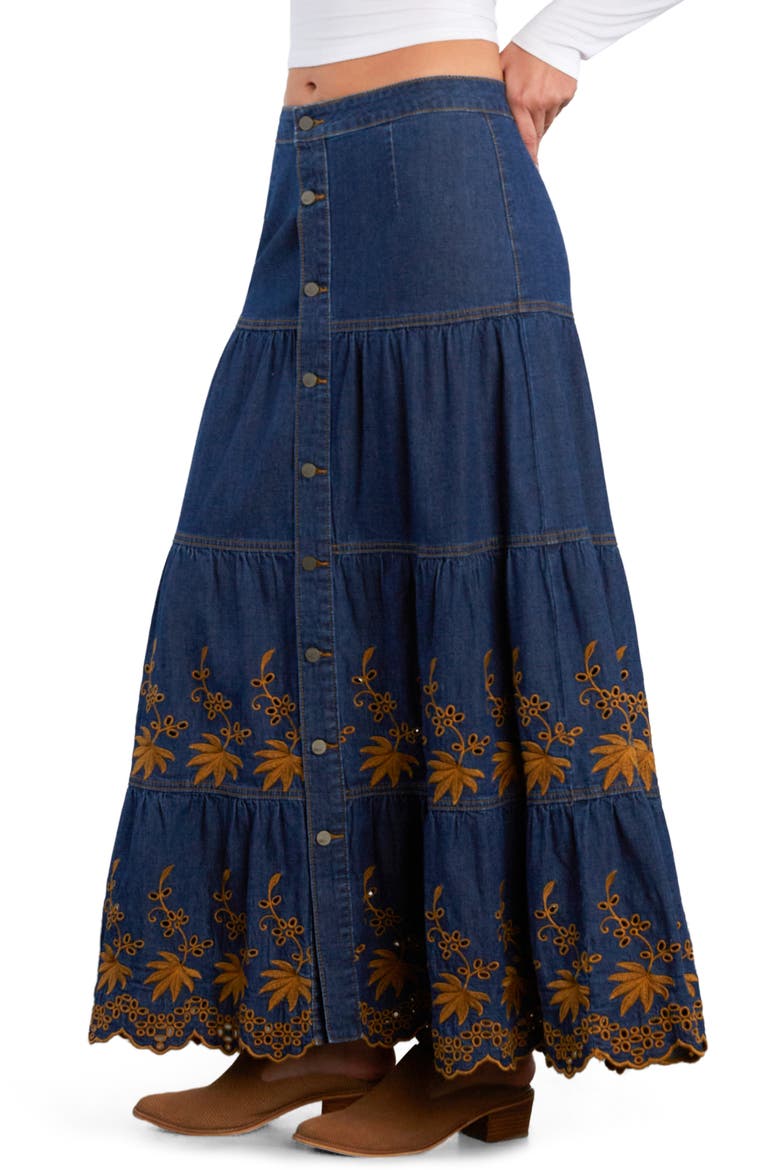 Tiered Eyelet Denim Midi Skirt, Alternate, color, BOHO DENIM