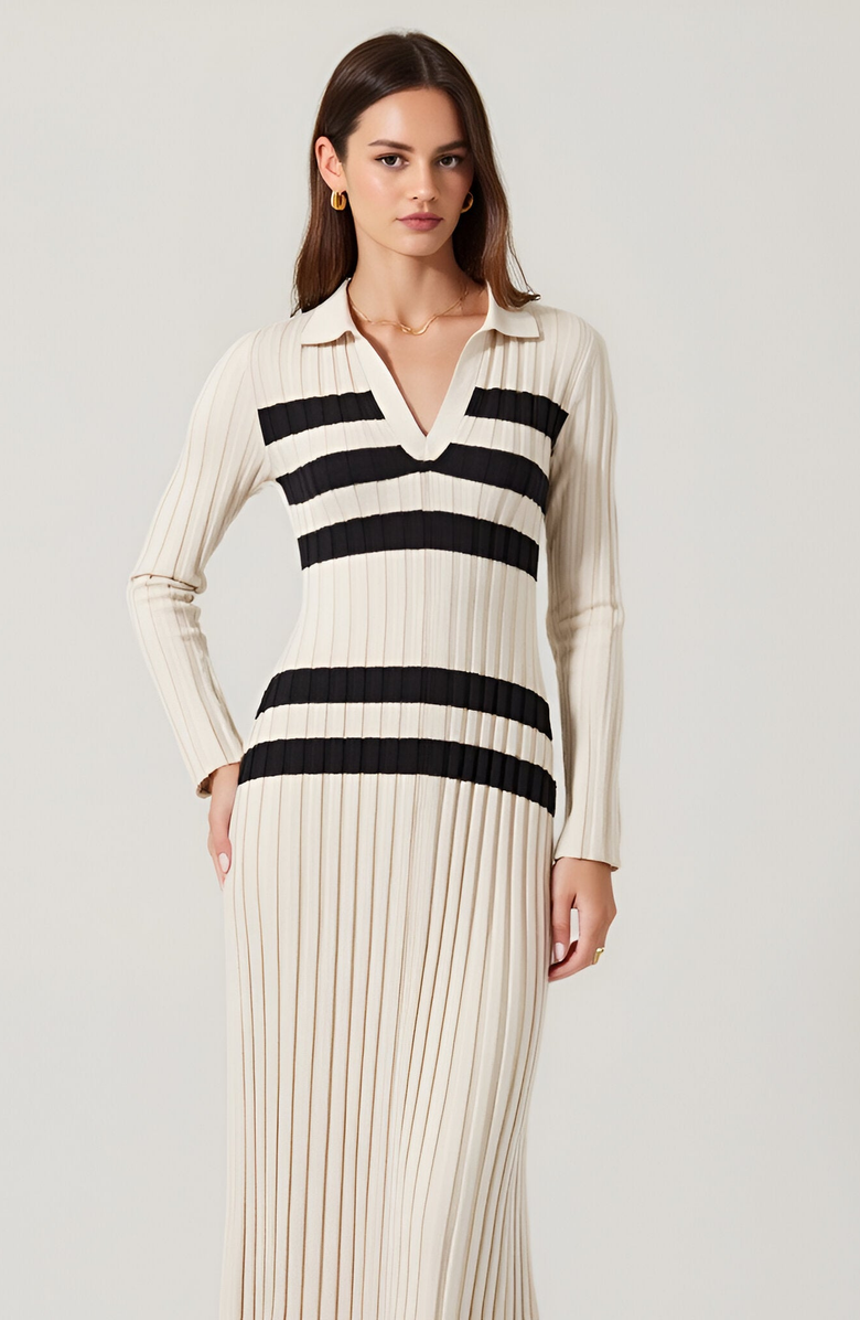 Modenaire Striped Ribbed Knit Midi Dress with Collar and Long Sleeves, Alternate, color, 