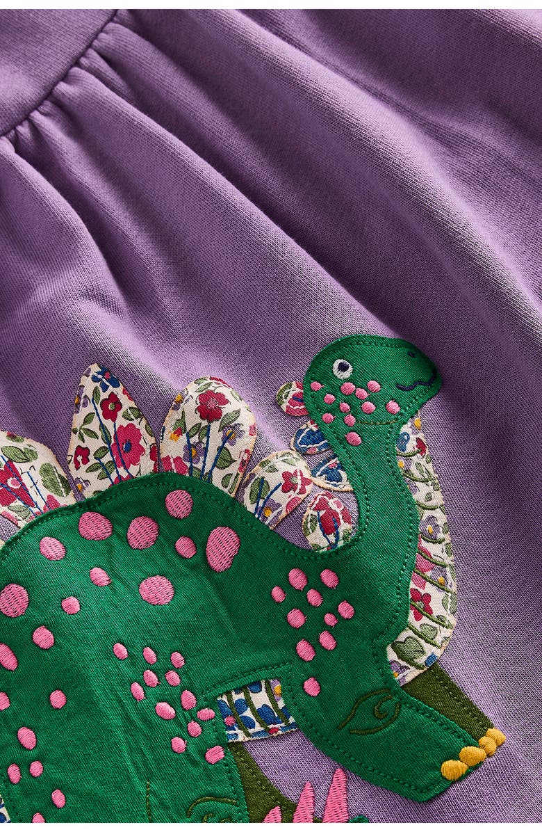 Mini Boden Kids' Dinosaur Appliqué Long Sleeve Cotton Sweatshirt Dress, Alternate, color, Aster Purple Dinosaurs