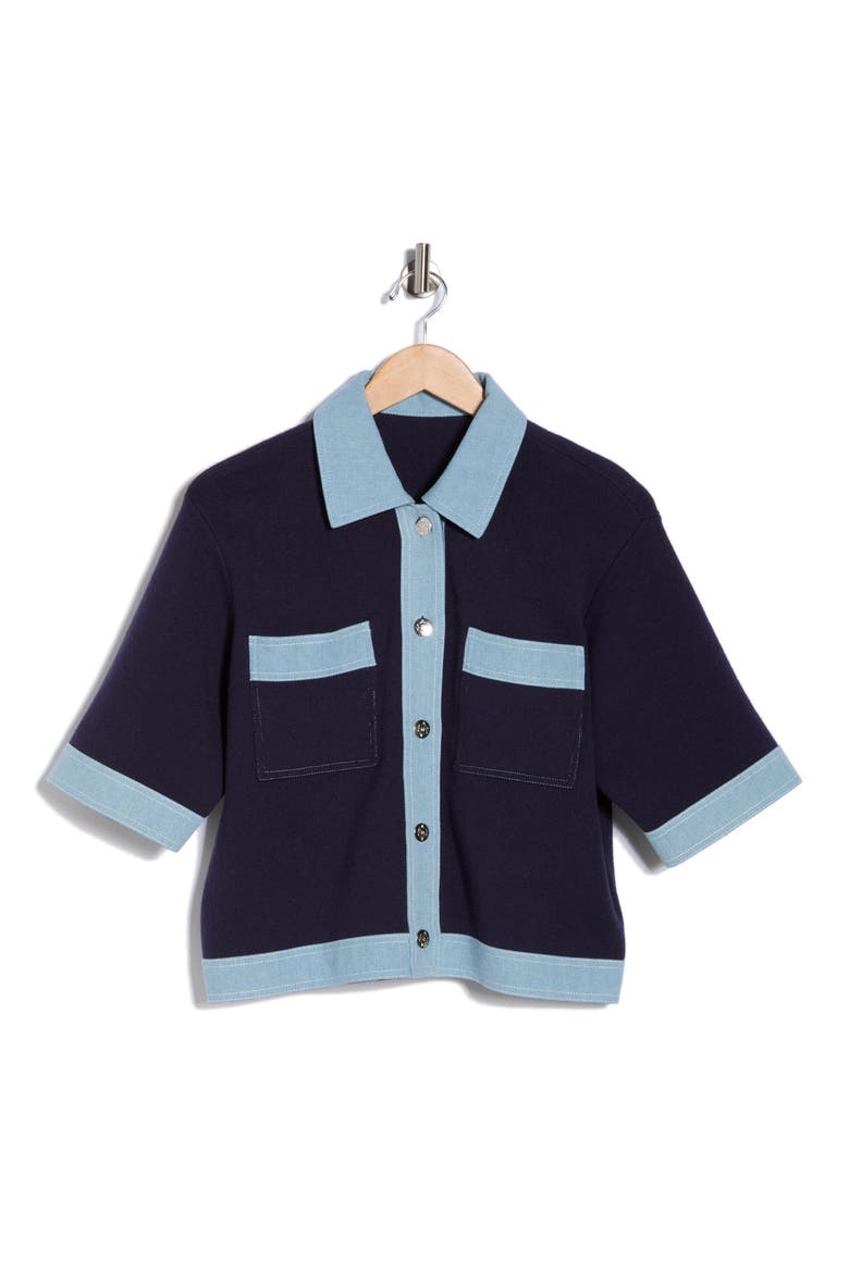 Denim Trim Short Sleeve Cardigan, Alternate, color, NANETTE NAVY/ LIGH DENIM