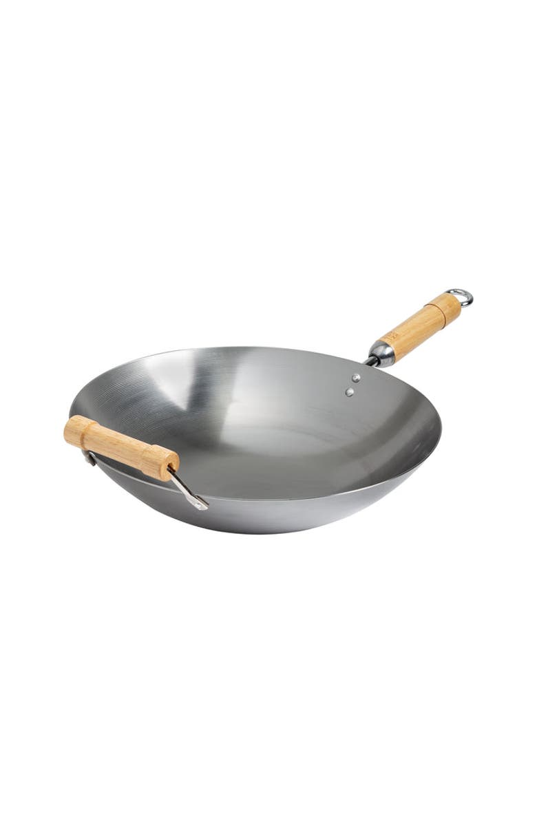 JOYCE CHEN Round Bottom Carbon Steel Wok with Birch Handles, 14 inch, Main, color, Metallic Silver