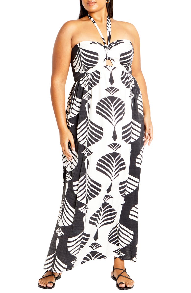 City Chic Peta Floral Border Print Halter Maxi Dress, Main, color, Empress