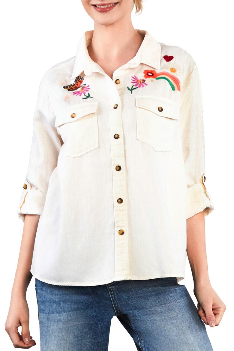 Happy Place Embroidered Denim Button-Up Shirt, Main, color, ICED LATTE