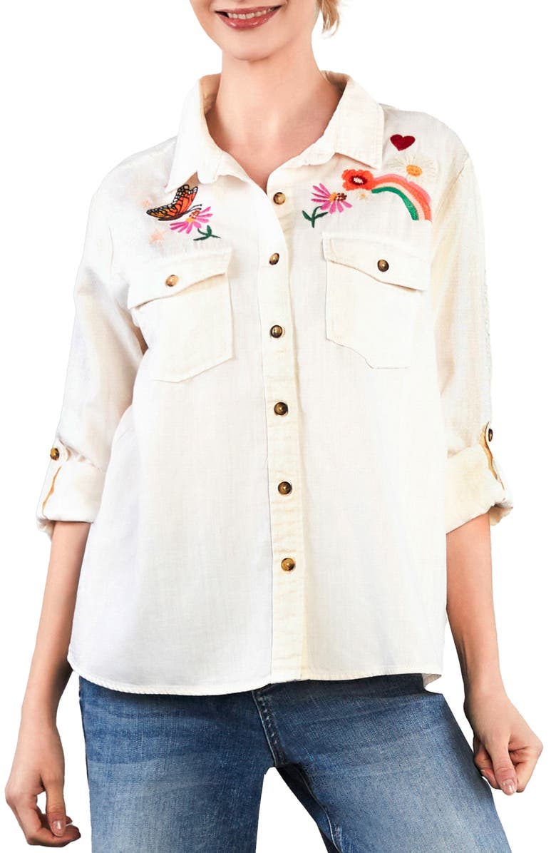 Billy T Happy Place Embrodiered Denim Button-Up Shirt, Main, color, Iced Latte