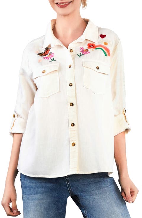 Happy Place Embrodiered Denim Button-Up Shirt