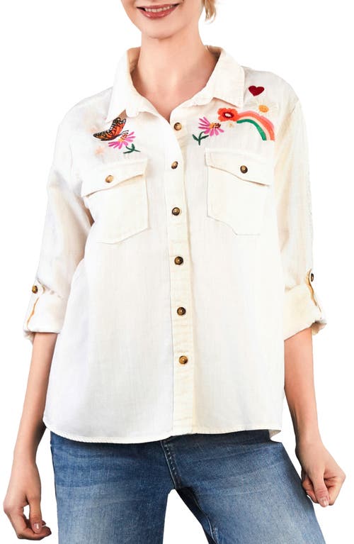 Billy T Happy Place Embrodiered Denim Button-up Shirt In White