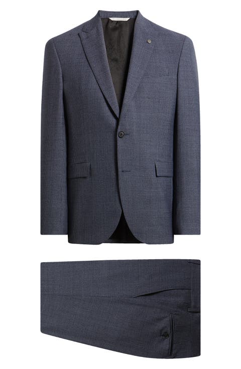 Rawdon Slim Fit Mid Blue Wool Tick Weave Peak Lapel Suit