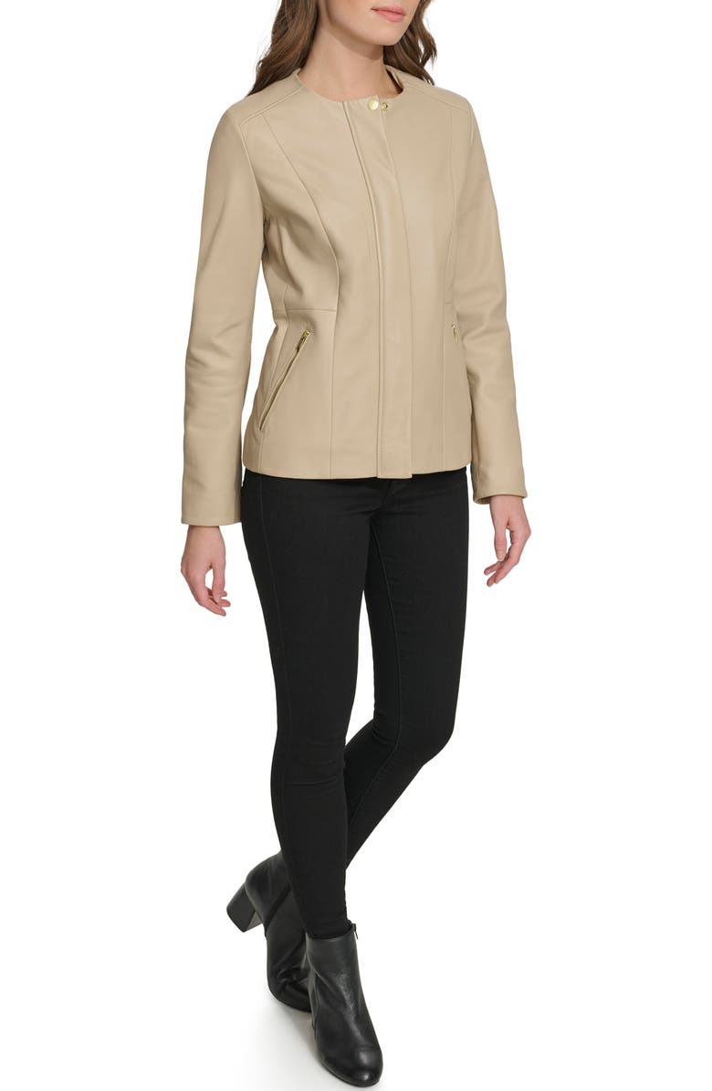 Cole Haan Collarless Leather Jacket, Alternate, color, Cream