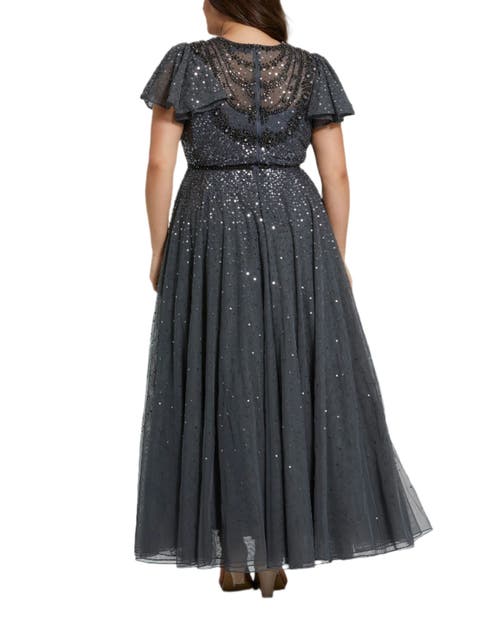 Mac Duggal Sheer Flutter Sleeve Beaded Fluffy Net Gown In Charcoal