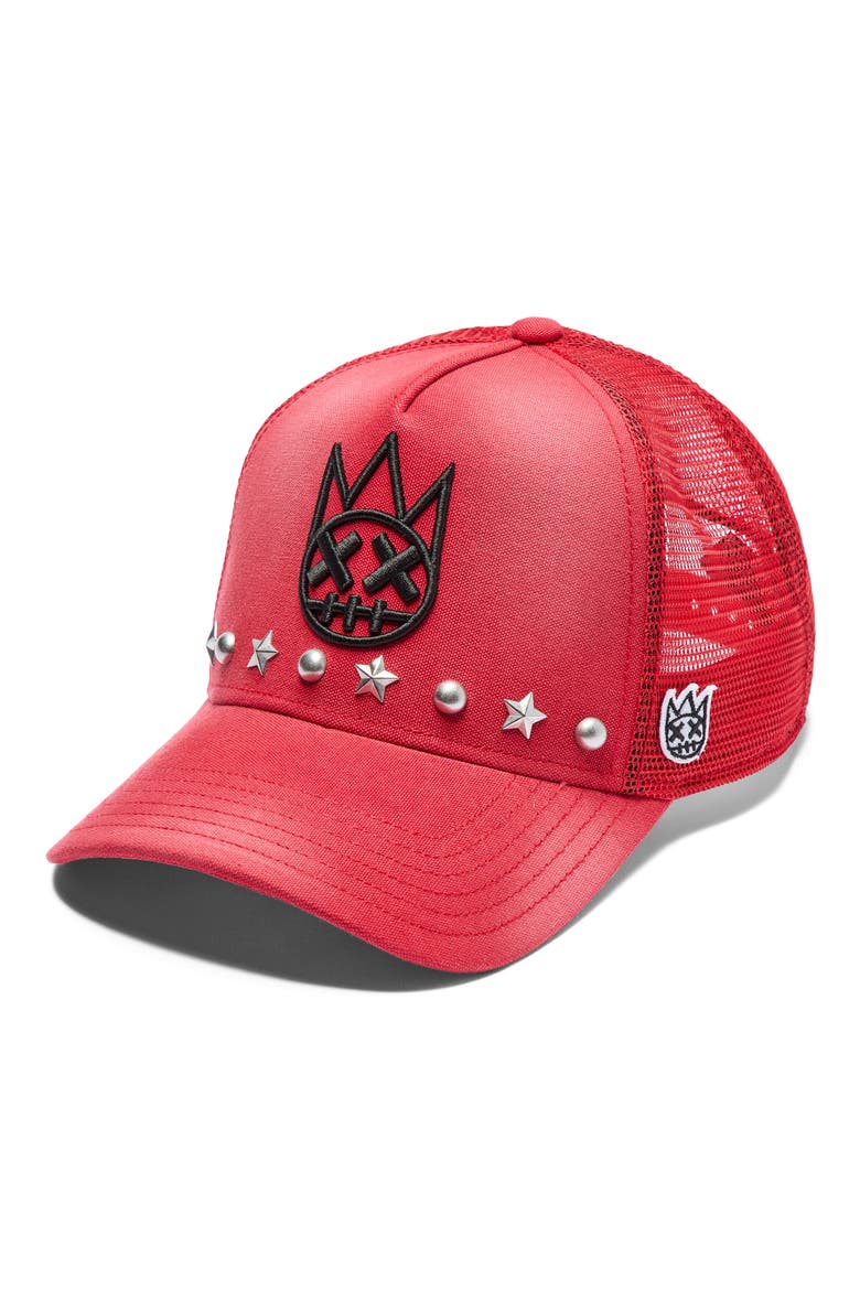 Shimuchan Logo Studded Trucker Hat, Main, color, ROCOCCO RED