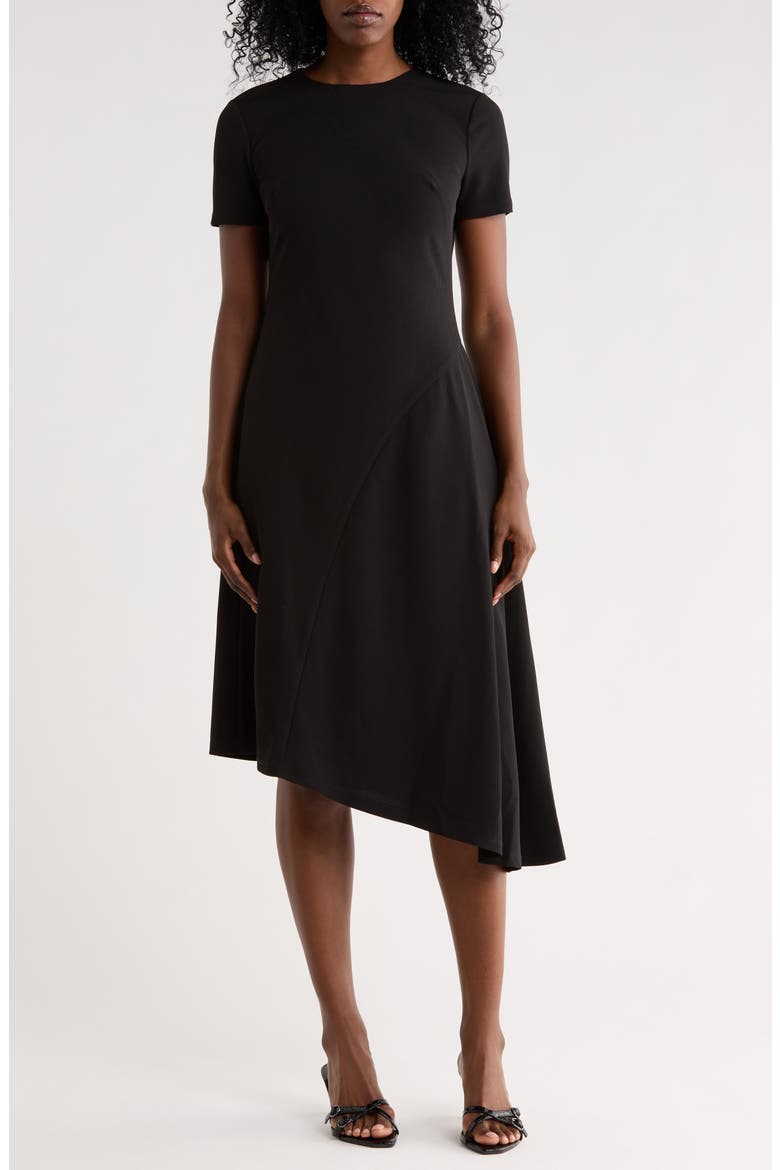 Short Sleeve Asymmetric Hem Midi Dress, Main, color, BLACK