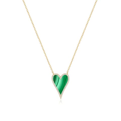 Elongated Malachite CZ Halo Heart Necklace