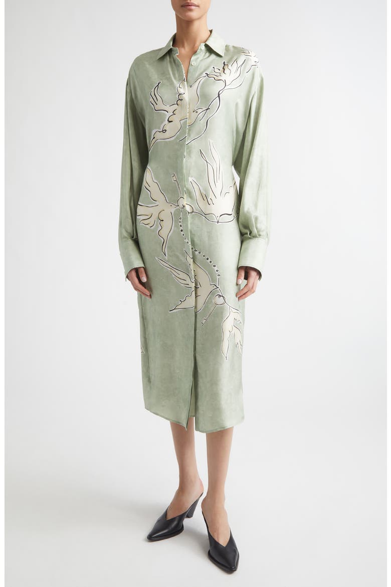 Floyd Long Sleeve Silk Shirtdress, Main, color, 379398 DESERT SAGE BIRD