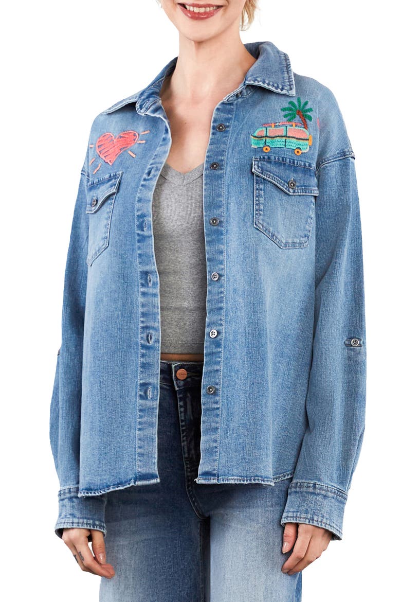 Weekend Warrior Embroidered Button-Up Shirt, Main, color, DENIM