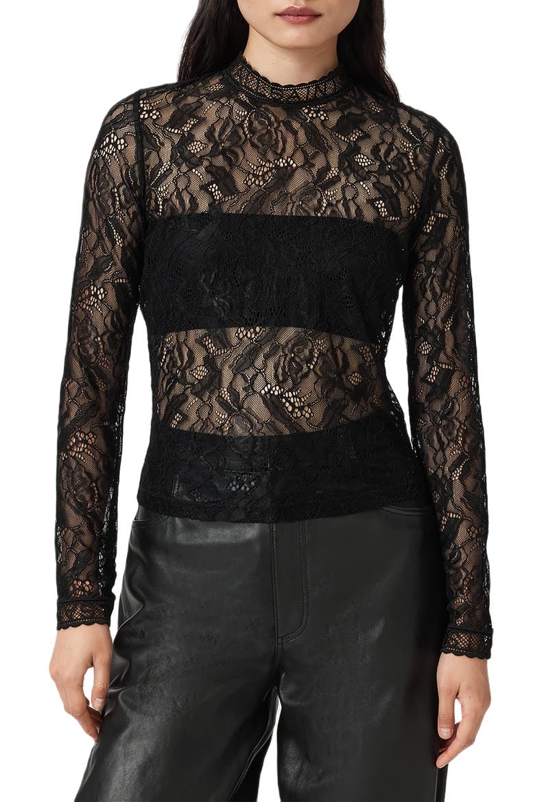 Aria Embroidered Lace Long Sleeve Shirt, Main, color, BLACK