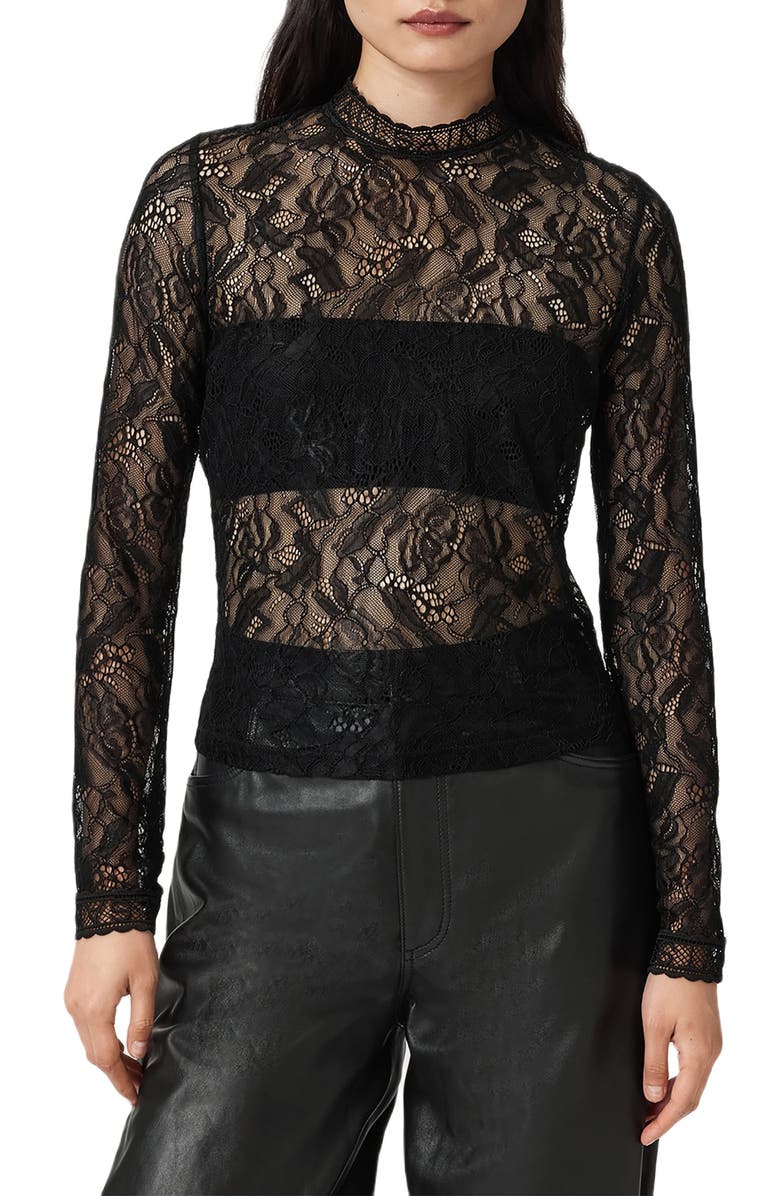 AllSaints Aria Embroidered Lace Long Sleeve Shirt, Main, color, Black