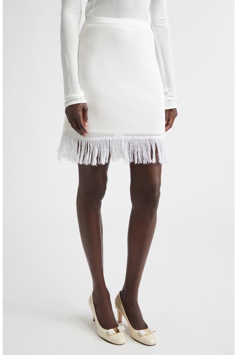 Open Knit Fringe Short Sleeve Virgin Wool Sweater Skirt, Main, color, WHITE